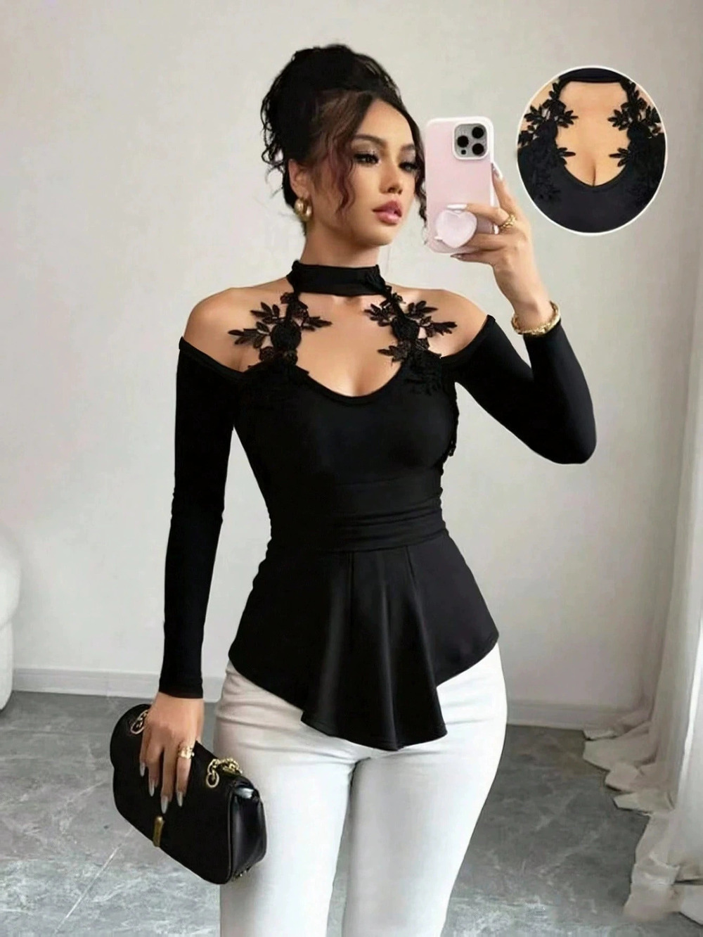 Zara Fall Off Shoulder Cutout Applique Pleated Curved Hem Slim Fit Top